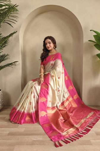 Off white dual tone silk sarees with zari weaves contrast pallu & designer border