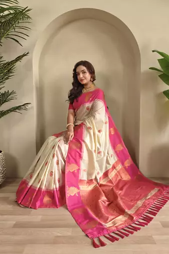 Off white dual tone silk sarees with zari weaves contrast pallu & designer border