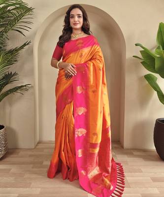 Yellow dual tone silk sarees with zari weaves contrast pallu & designer border 1