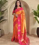 Yellow dual tone silk sarees with zari weaves contrast pallu & designer border