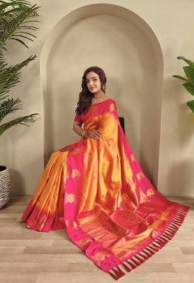 Yellow dual tone silk sarees with zari weaves contrast pallu & designer border 3