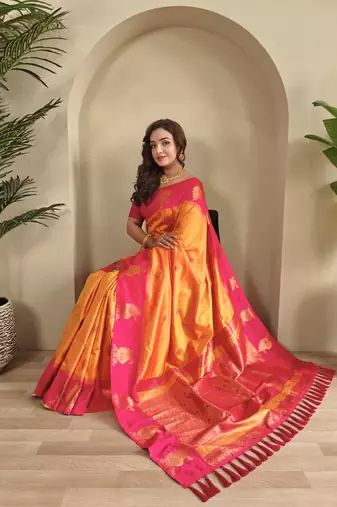 Yellow dual tone silk sarees with zari weaves contrast pallu & designer border