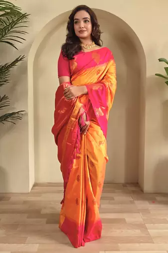 Yellow dual tone silk sarees with zari weaves contrast pallu & designer border