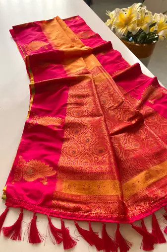 Yellow dual tone silk sarees with zari weaves contrast pallu & designer border