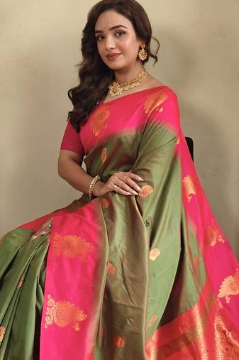 Green dual tone silk sarees with zari weaves contrast pallu & designer border