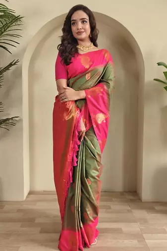 Green dual tone silk sarees with zari weaves contrast pallu & designer border