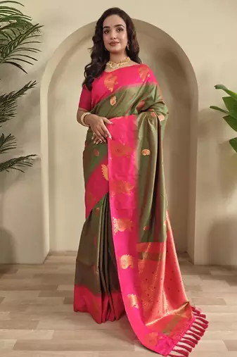 Green dual tone silk sarees with zari weaves contrast pallu & designer border