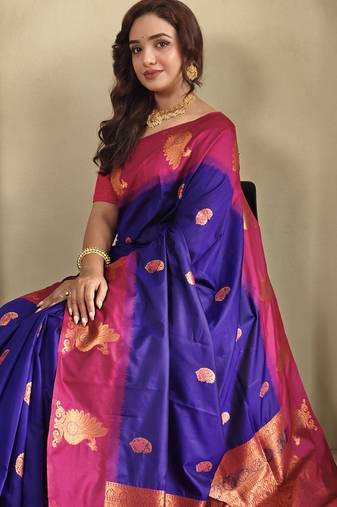 Violet dual tone silk sarees with zari weaves contrast pallu & designer border