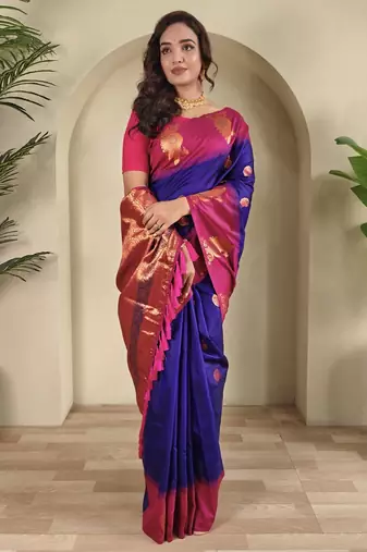 Violet dual tone silk sarees with zari weaves contrast pallu & designer border