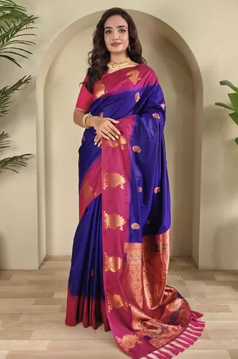 Violet dual tone silk sarees with zari weaves contrast pallu & designer border