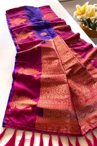 Violet dual tone silk sarees with zari weaves contrast pallu & designer border
