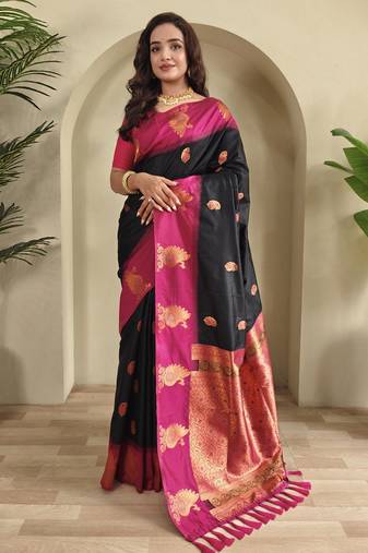 Black dual tone silk sarees with zari weaves contrast pallu & designer border