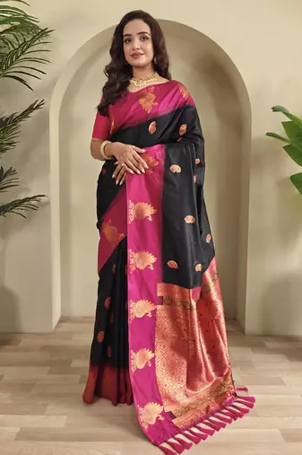 Black dual tone silk sarees with zari weaves contrast pallu & designer border
