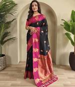 Black dual tone silk sarees with zari weaves contrast pallu & designer border