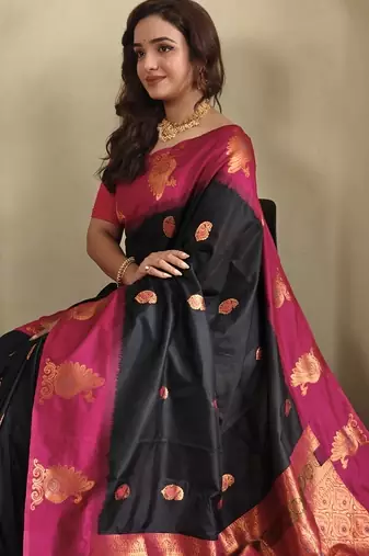 Black dual tone silk sarees with zari weaves contrast pallu & designer border