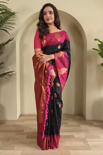 Black dual tone silk sarees with zari weaves contrast pallu & designer border