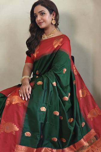 Green dual tone silk sarees with zari weaves contrast pallu & designer border