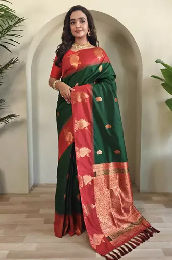 Green dual tone silk sarees with zari weaves contrast pallu & designer border
