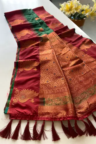 Green dual tone silk sarees with zari weaves contrast pallu & designer border