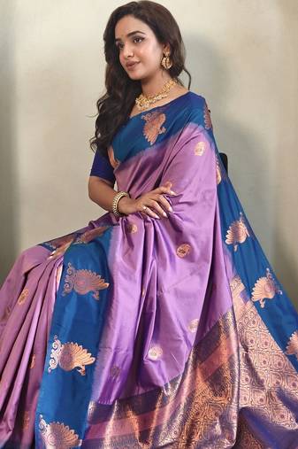 Lavender dual tone silk sarees with zari weaves contrast pallu & designer border