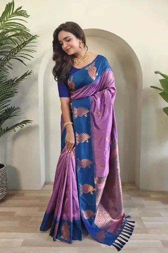 Lavender dual tone silk sarees with zari weaves contrast pallu & designer border