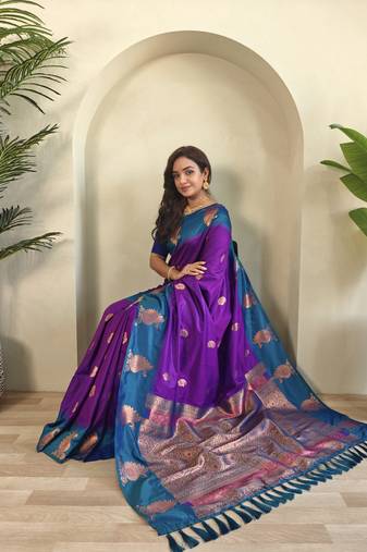 Purple dual tone silk sarees with zari weaves contrast pallu & designer border