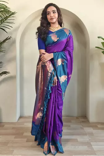 Purple dual tone silk sarees with zari weaves contrast pallu & designer border