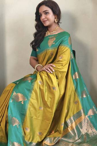 Yellow dual tone silk sarees with zari weaves contrast pallu & designer border