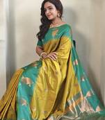 Yellow dual tone silk sarees with zari weaves contrast pallu & designer border