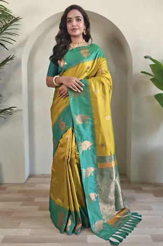 Yellow dual tone silk sarees with zari weaves contrast pallu & designer border