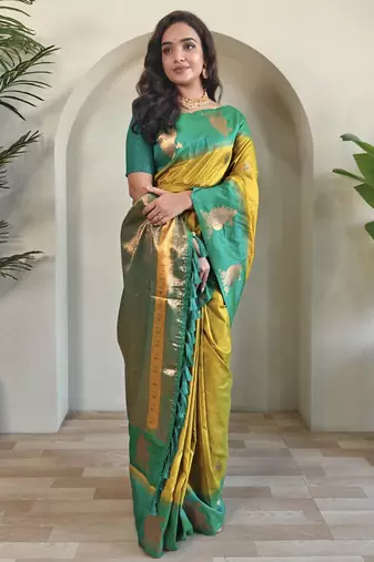 Yellow dual tone silk sarees with zari weaves contrast pallu & designer border