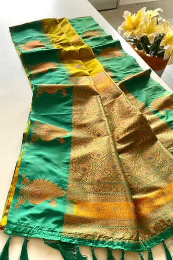Yellow dual tone silk sarees with zari weaves contrast pallu & designer border