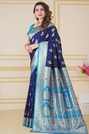  blue floral art silk saree comes with matching blouse