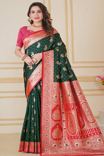  green floral art silk woven saree comes with matching blouse