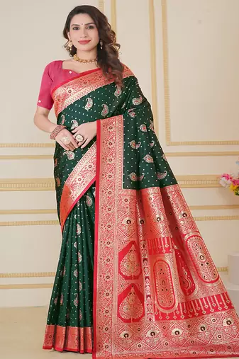  green floral art silk woven saree comes with matching blouse