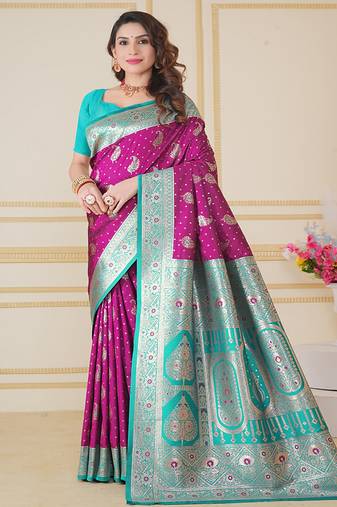 magenta floral art silk woven saree comes with matching blouse