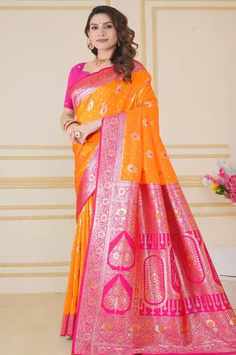  mustard floral art silk woven saree comes with matching blouse