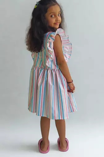 Multicolor rayon printed stripes print dress for girls