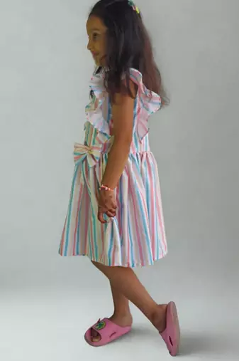 Multicolor rayon printed stripes print dress for girls