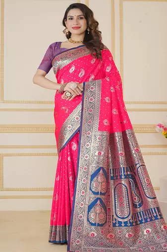  pink floral art silk woven saree comes with matching blouse