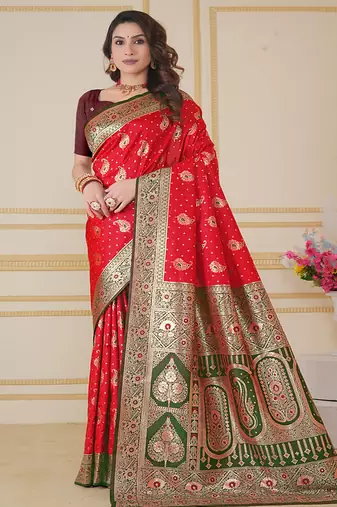 red floral art silk woven saree comes with matching blouse