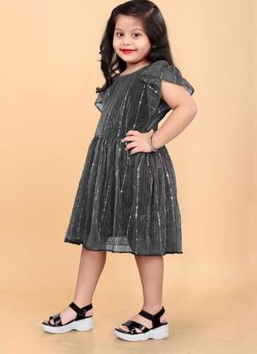 Grey super net embroidered sequins work dress for girls 1