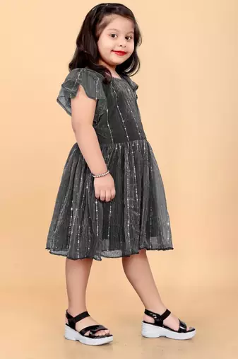 Grey super net embroidered sequins work dress for girls