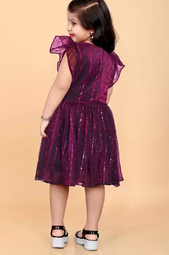 Purple super net embroidered sequins work dress for girls