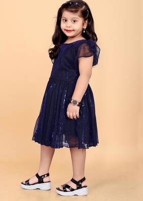 Blue super net embroidered sequins work dress for girls 1