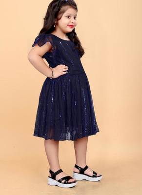 Blue super net embroidered sequins work dress for girls 3