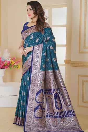  teal floral art silk woven saree comes with matching blouse