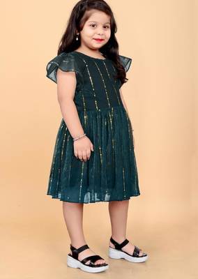 Green super net embroidered sequins work dress for girls 1