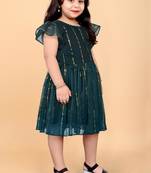 Green super net embroidered sequins work dress for girls