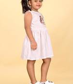 Pink rayon printed stripes print dress for girls